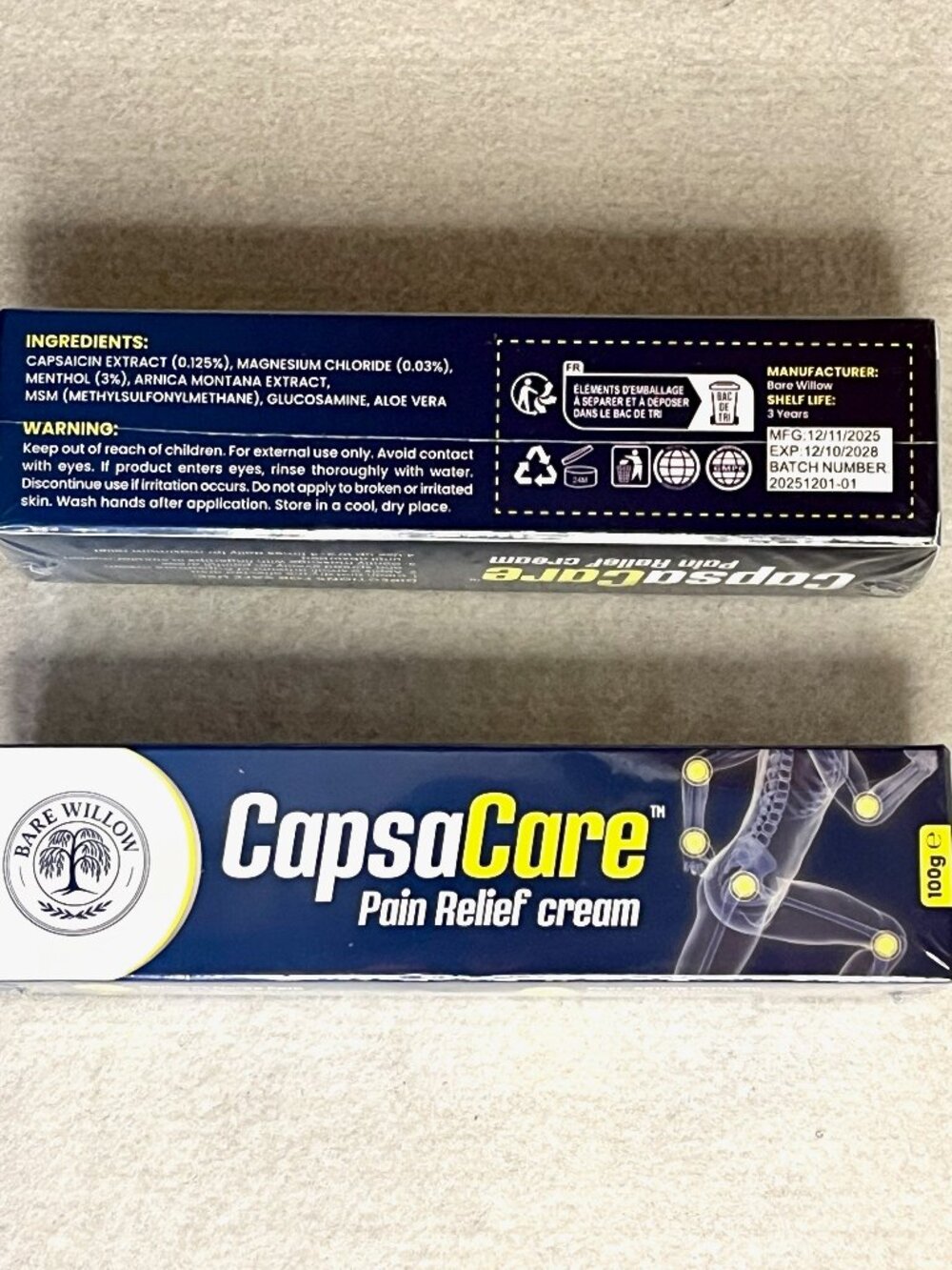 CapsaCare Pain Relief Cream * Bare Willow * Two 100g Tubes * New in Shrinkwrap